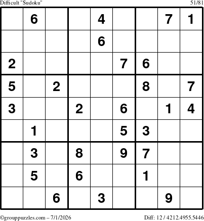 The grouppuzzles.com Difficult Sudoku puzzle for Wednesday July 1, 2026