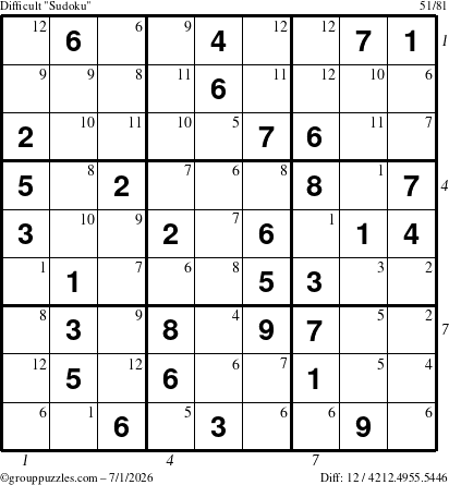 The grouppuzzles.com Difficult Sudoku puzzle for Wednesday July 1, 2026 with all 12 steps marked