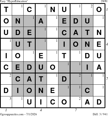The grouppuzzles.com Easy HyperEducation-i23 puzzle for Wednesday July 1, 2026 with all 3 steps marked