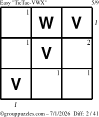 The grouppuzzles.com Easy TicTac-VWX puzzle for Wednesday July 1, 2026, suitable for printing, with all 2 steps marked