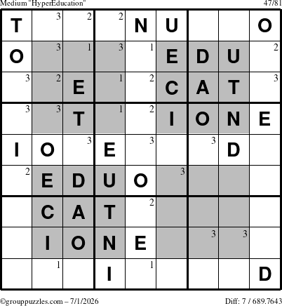 The grouppuzzles.com Medium HyperEducation-i23 puzzle for Wednesday July 1, 2026 with the first 3 steps marked