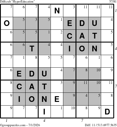 The grouppuzzles.com Difficult HyperEducation-i23 puzzle for Wednesday July 1, 2026, suitable for printing, with all 11 steps marked