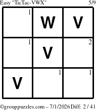 The grouppuzzles.com Easy TicTac-VWX puzzle for Wednesday July 1, 2026 with the first 2 steps marked