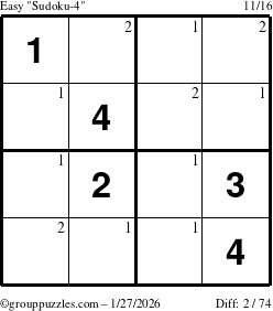 The grouppuzzles.com Easy Sudoku-4 puzzle for Tuesday January 27, 2026 with the first 2 steps marked