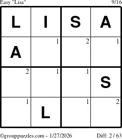 The grouppuzzles.com Easy Lisa puzzle for Tuesday January 27, 2026 with the first 2 steps marked