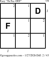 The grouppuzzles.com Easy TicTac-DEF puzzle for Tuesday January 27, 2026 with all 2 steps marked