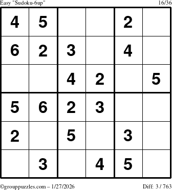 The grouppuzzles.com Easy Sudoku-6up puzzle for Tuesday January 27, 2026