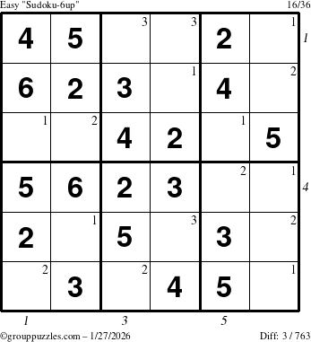 The grouppuzzles.com Easy Sudoku-6up puzzle for Tuesday January 27, 2026, suitable for printing, with all 3 steps marked
