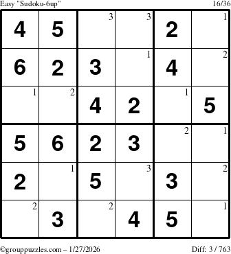 The grouppuzzles.com Easy Sudoku-6up puzzle for Tuesday January 27, 2026 with the first 3 steps marked