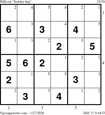 The grouppuzzles.com Difficult Sudoku-6up puzzle for Tuesday January 27, 2026 with all 5 steps marked