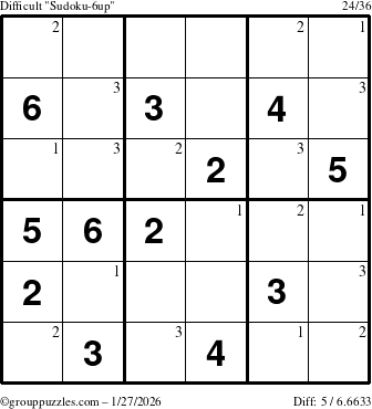 The grouppuzzles.com Difficult Sudoku-6up puzzle for Tuesday January 27, 2026 with the first 3 steps marked