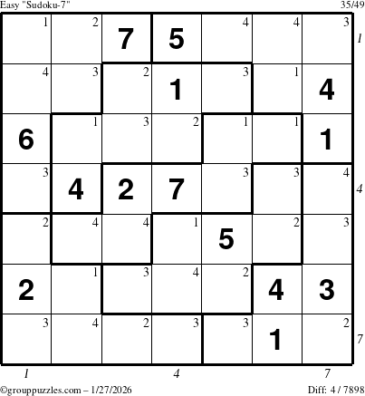 The grouppuzzles.com Easy Sudoku-7 puzzle for Tuesday January 27, 2026 with all 4 steps marked