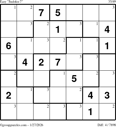 The grouppuzzles.com Easy Sudoku-7 puzzle for Tuesday January 27, 2026 with the first 3 steps marked