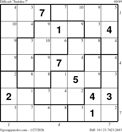 The grouppuzzles.com Difficult Sudoku-7 puzzle for Tuesday January 27, 2026, suitable for printing, with all 10 steps marked