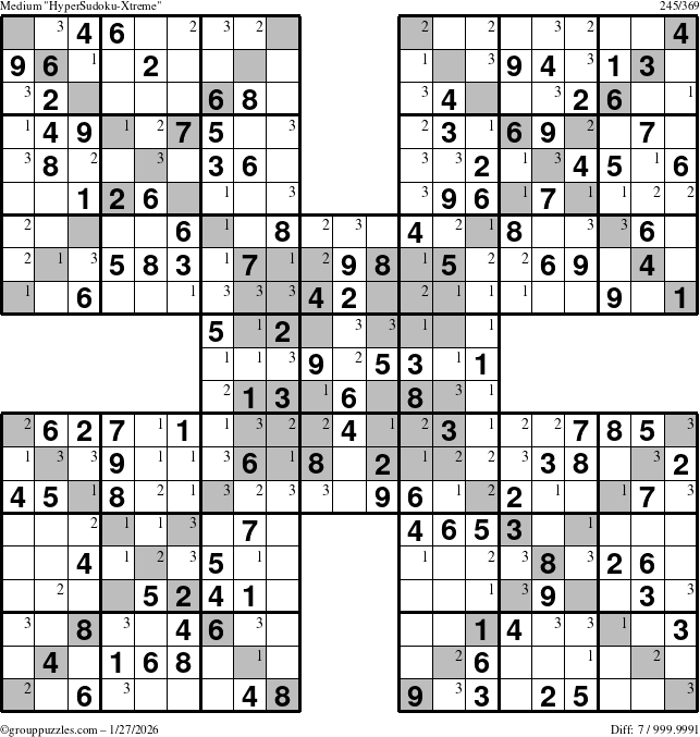 The grouppuzzles.com Medium HyperSudoku-Xtreme puzzle for Tuesday January 27, 2026 with the first 3 steps marked