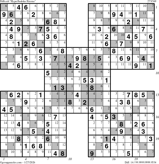 The grouppuzzles.com Difficult HyperSudoku-Xtreme puzzle for Tuesday January 27, 2026, suitable for printing, with all 14 steps marked
