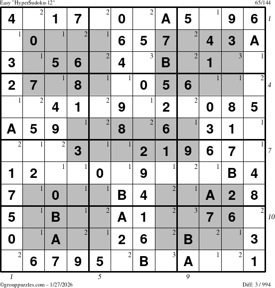 The grouppuzzles.com Easy HyperSudoku-12 puzzle for Tuesday January 27, 2026 with all 3 steps marked