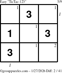 The grouppuzzles.com Easy TicTac-123 puzzle for Tuesday January 27, 2026, suitable for printing, with all 2 steps marked