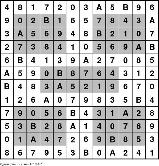 The grouppuzzles.com Answer grid for the HyperSudoku-12 puzzle for Tuesday January 27, 2026
