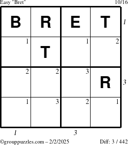 The grouppuzzles.com Easy Bret puzzle for Sunday February 2, 2025 with all 3 steps marked