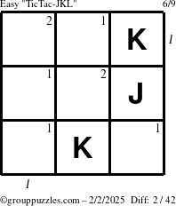 The grouppuzzles.com Easy TicTac-JKL puzzle for Sunday February 2, 2025 with all 2 steps marked