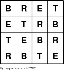 The grouppuzzles.com Answer grid for the Bret puzzle for Sunday February 2, 2025