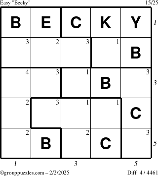 The grouppuzzles.com Easy Becky puzzle for Sunday February 2, 2025 with all 4 steps marked