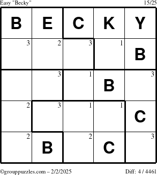 The grouppuzzles.com Easy Becky puzzle for Sunday February 2, 2025 with the first 3 steps marked