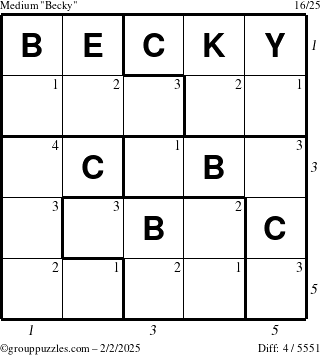 The grouppuzzles.com Medium Becky puzzle for Sunday February 2, 2025 with all 4 steps marked