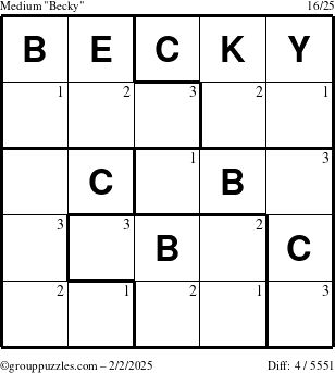 The grouppuzzles.com Medium Becky puzzle for Sunday February 2, 2025 with the first 3 steps marked