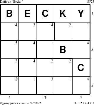 The grouppuzzles.com Difficult Becky puzzle for Sunday February 2, 2025 with all 5 steps marked