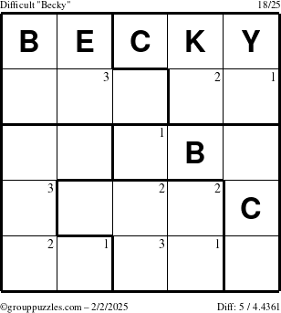 The grouppuzzles.com Difficult Becky puzzle for Sunday February 2, 2025 with the first 3 steps marked