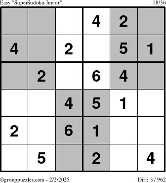 The grouppuzzles.com Easy SuperSudoku-Junior puzzle for Sunday February 2, 2025