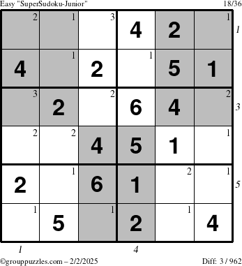 The grouppuzzles.com Easy SuperSudoku-Junior puzzle for Sunday February 2, 2025 with all 3 steps marked