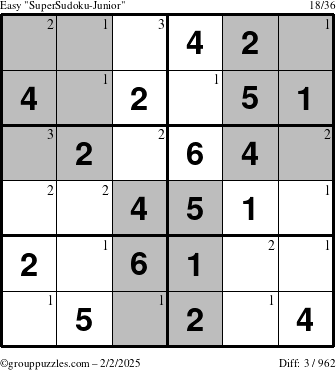 The grouppuzzles.com Easy SuperSudoku-Junior puzzle for Sunday February 2, 2025 with the first 3 steps marked