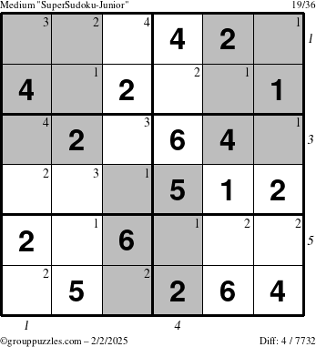 The grouppuzzles.com Medium SuperSudoku-Junior puzzle for Sunday February 2, 2025, suitable for printing, with all 4 steps marked