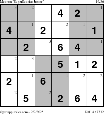 The grouppuzzles.com Medium SuperSudoku-Junior puzzle for Sunday February 2, 2025 with the first 3 steps marked