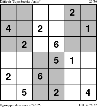 The grouppuzzles.com Difficult SuperSudoku-Junior puzzle for Sunday February 2, 2025