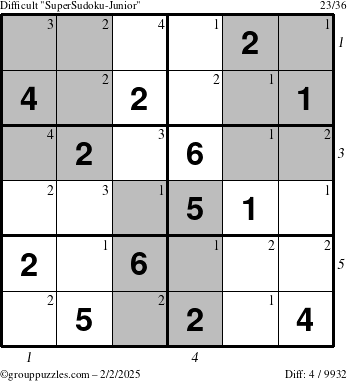 The grouppuzzles.com Difficult SuperSudoku-Junior puzzle for Sunday February 2, 2025 with all 4 steps marked