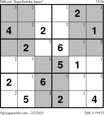 The grouppuzzles.com Difficult SuperSudoku-Junior puzzle for Sunday February 2, 2025 with the first 3 steps marked