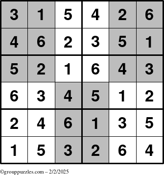 The grouppuzzles.com Answer grid for the SuperSudoku-Junior puzzle for Sunday February 2, 2025