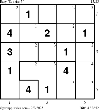 The grouppuzzles.com Easy Sudoku-5 puzzle for Sunday February 2, 2025 with all 4 steps marked