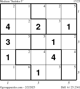 The grouppuzzles.com Medium Sudoku-5 puzzle for Sunday February 2, 2025 with all 6 steps marked