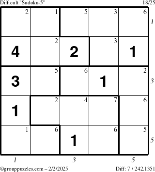 The grouppuzzles.com Difficult Sudoku-5 puzzle for Sunday February 2, 2025 with all 7 steps marked