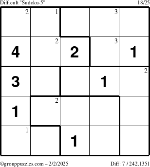 The grouppuzzles.com Difficult Sudoku-5 puzzle for Sunday February 2, 2025 with the first 3 steps marked