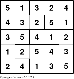 The grouppuzzles.com Answer grid for the Sudoku-5 puzzle for Sunday February 2, 2025