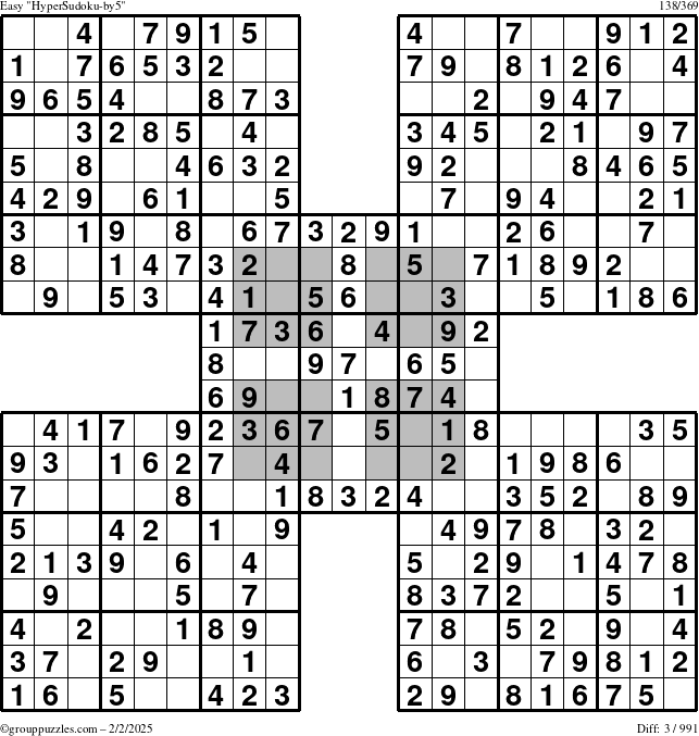 The grouppuzzles.com Easy HyperSudoku-by5 puzzle for Sunday February 2, 2025