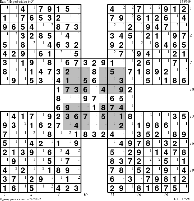 The grouppuzzles.com Easy HyperSudoku-by5 puzzle for Sunday February 2, 2025 with all 3 steps marked