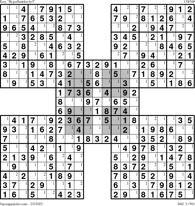 The grouppuzzles.com Easy HyperSudoku-by5 puzzle for Sunday February 2, 2025 with the first 3 steps marked