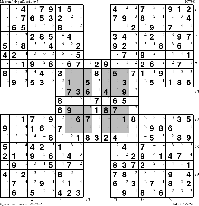 The grouppuzzles.com Medium HyperSudoku-by5 puzzle for Sunday February 2, 2025 with all 6 steps marked